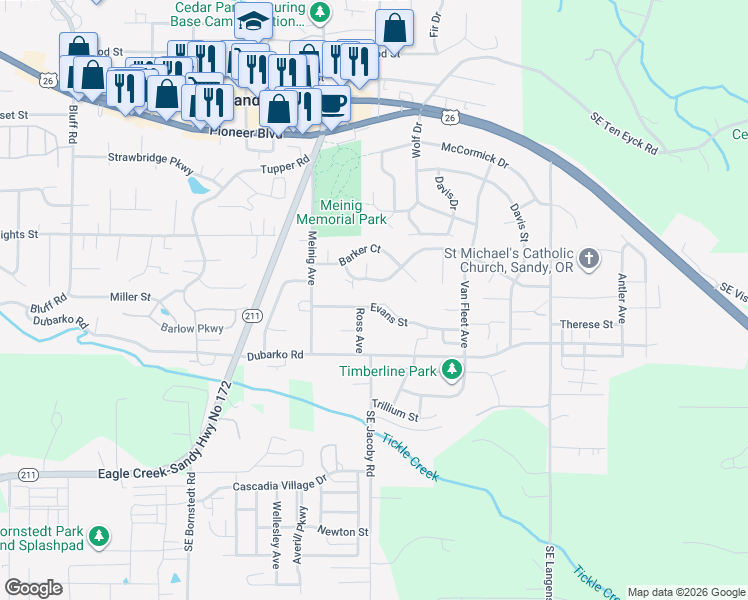 map of restaurants, bars, coffee shops, grocery stores, and more near 39501 Evans Street in Sandy