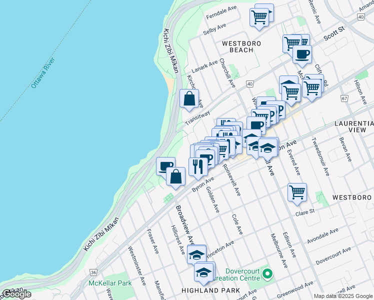 map of restaurants, bars, coffee shops, grocery stores, and more near 370 Dominion Avenue in Ottawa