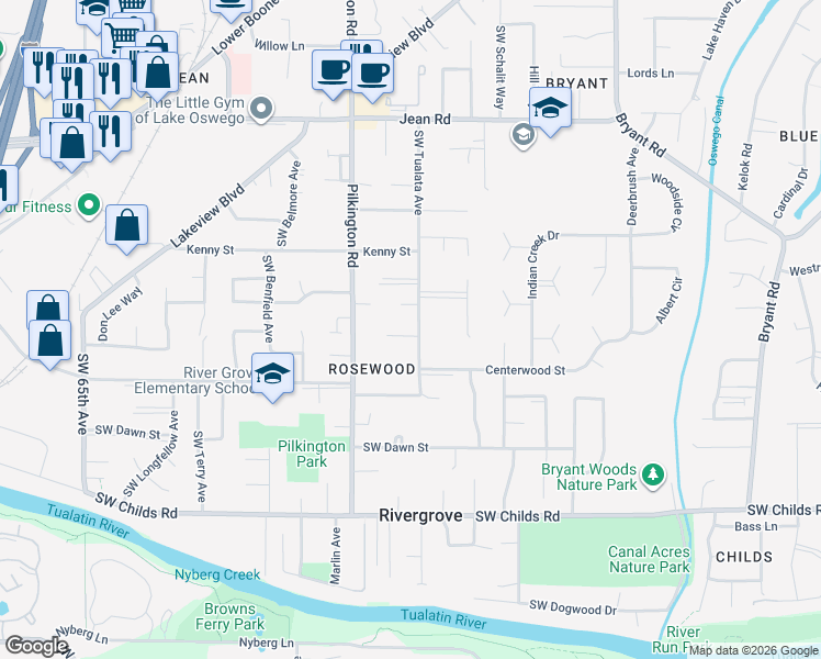 map of restaurants, bars, coffee shops, grocery stores, and more near 5271 Chinook Court in Lake Oswego
