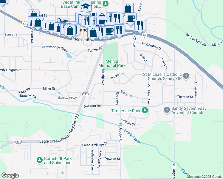 map of restaurants, bars, coffee shops, grocery stores, and more near 39315 Evans Street in Sandy