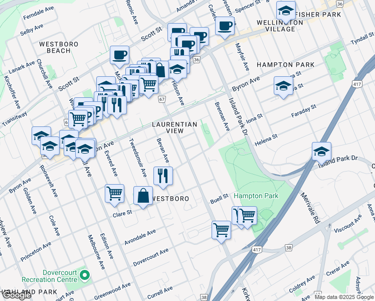 map of restaurants, bars, coffee shops, grocery stores, and more near in Ottawa