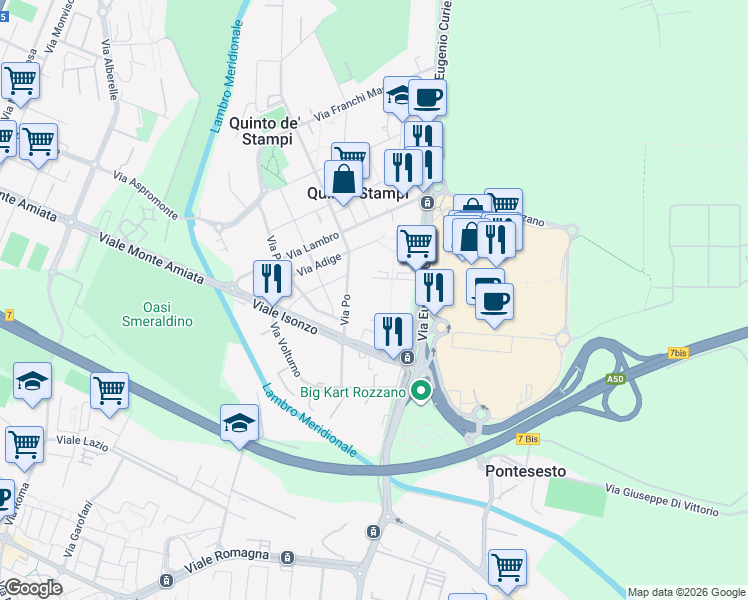 map of restaurants, bars, coffee shops, grocery stores, and more near 194/F Via Eugenio Curiel in Rozzano