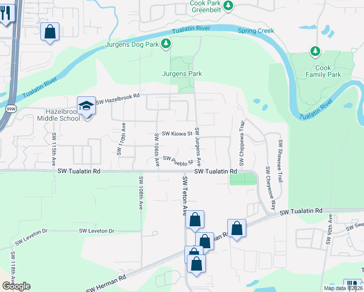 map of restaurants, bars, coffee shops, grocery stores, and more near 17894 Southwest 105th Court in Tualatin