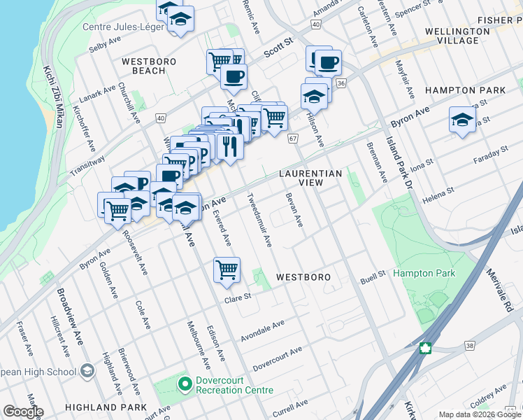 map of restaurants, bars, coffee shops, grocery stores, and more near in Ottawa