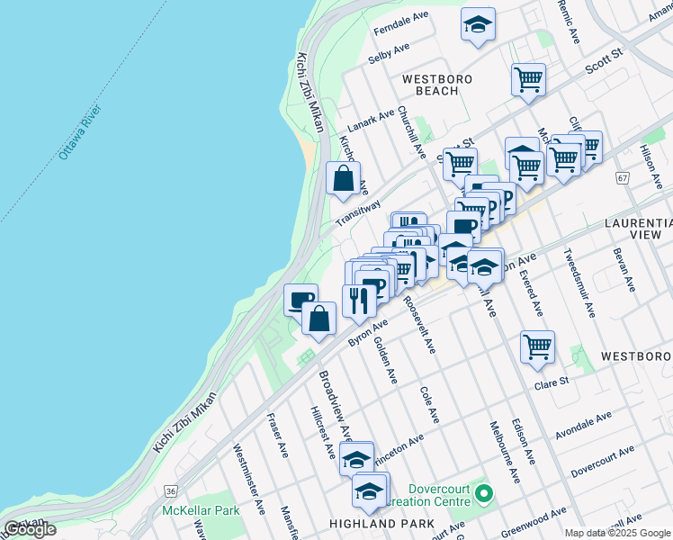 map of restaurants, bars, coffee shops, grocery stores, and more near in Ottawa