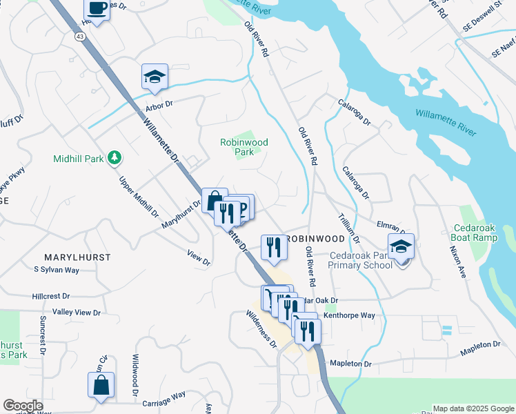 map of restaurants, bars, coffee shops, grocery stores, and more near 3275 Fairview Way in West Linn