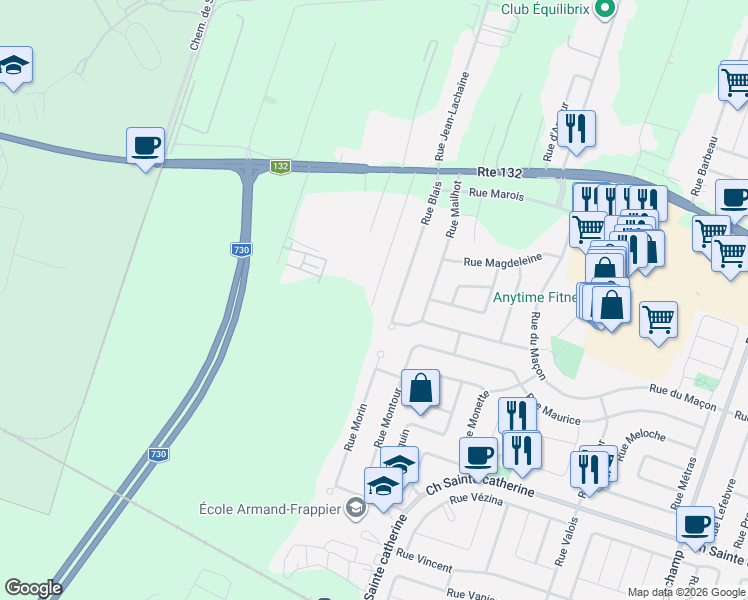 map of restaurants, bars, coffee shops, grocery stores, and more near 1985 Rue Laurier in Sainte-Catherine