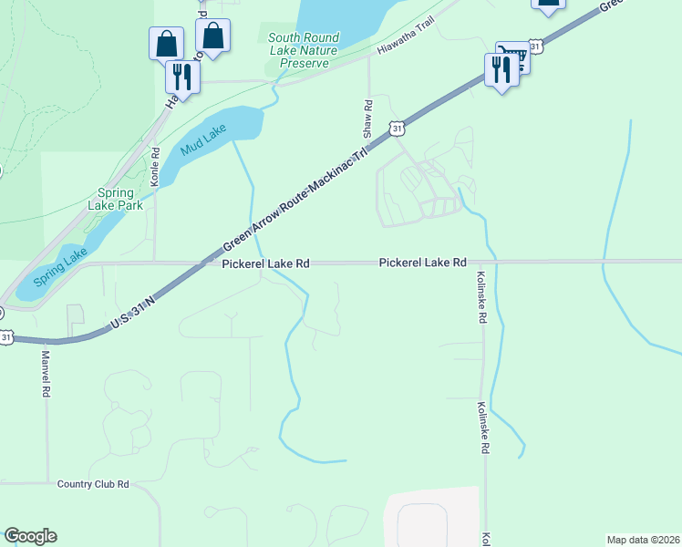 map of restaurants, bars, coffee shops, grocery stores, and more near 3622 Pickerel Lake Road in Petoskey
