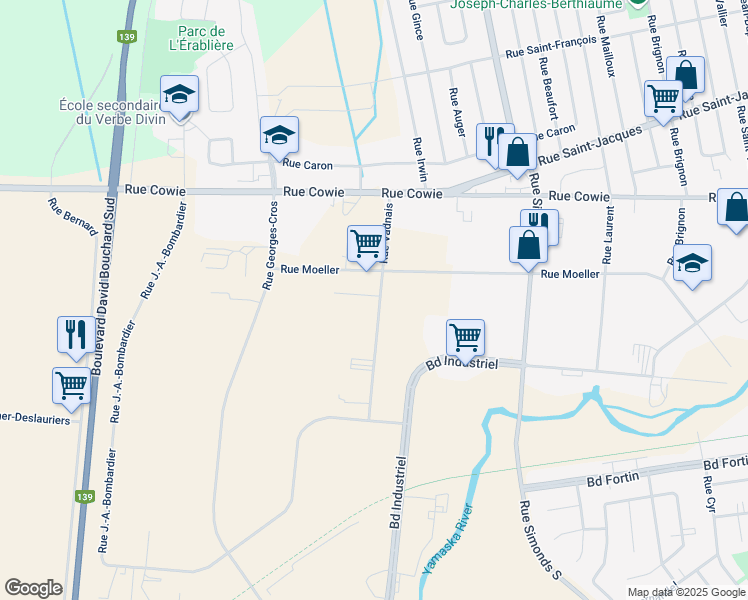 map of restaurants, bars, coffee shops, grocery stores, and more near 750 Rue Vadnais in Granby