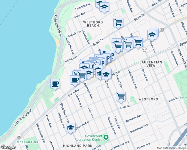 map of restaurants, bars, coffee shops, grocery stores, and more near 366 Richmond Road in Ottawa