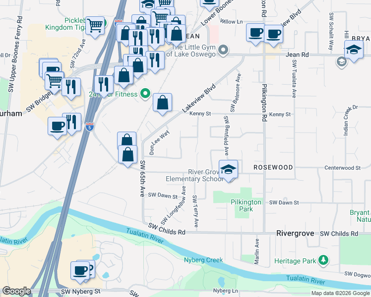 map of restaurants, bars, coffee shops, grocery stores, and more near 18536 Longfellow Avenue in Lake Oswego