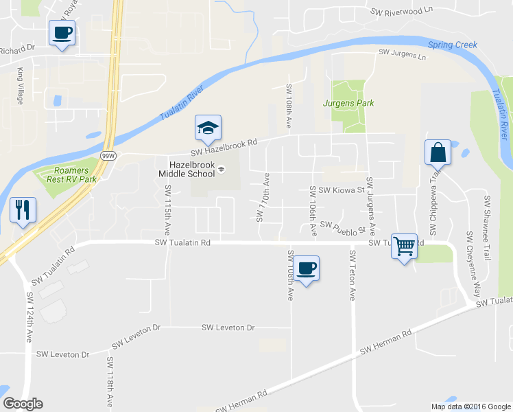 map of restaurants, bars, coffee shops, grocery stores, and more near 11020 Southwest Wishram Court in Tualatin