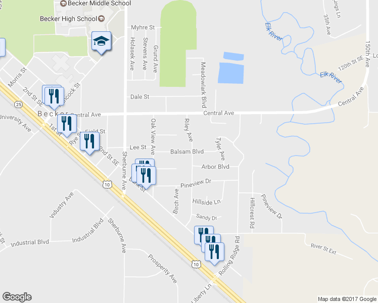 map of restaurants, bars, coffee shops, grocery stores, and more near 14285 Balsam Boulevard in Becker