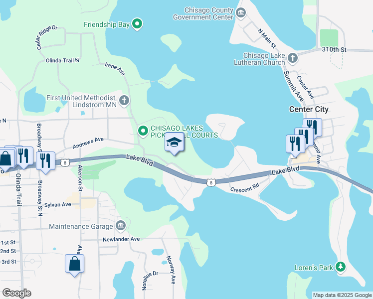 map of restaurants, bars, coffee shops, grocery stores, and more near 30645 Nystrom Lane in Lindstrom