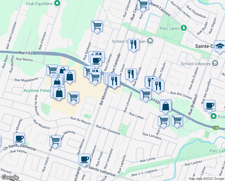 map of restaurants, bars, coffee shops, grocery stores, and more near 5510 Québec 132 in Sainte-Catherine