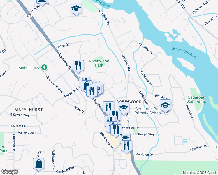 map of restaurants, bars, coffee shops, grocery stores, and more near 3275 Fairview Way in West Linn