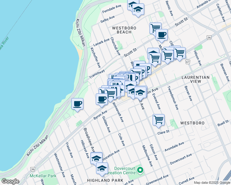 map of restaurants, bars, coffee shops, grocery stores, and more near in Ottawa