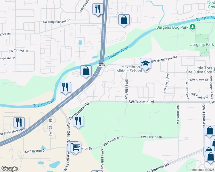 map of restaurants, bars, coffee shops, grocery stores, and more near 11795 Southwest Tualatin Road in Tualatin