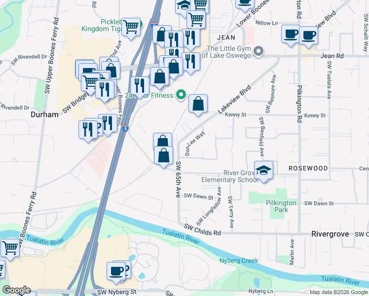 map of restaurants, bars, coffee shops, grocery stores, and more near 18621 Don Lee Way in Lake Oswego