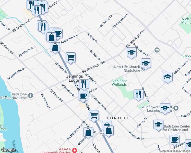 map of restaurants, bars, coffee shops, grocery stores, and more near 18214 Southeast Addie Street in Milwaukie