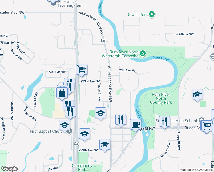 map of restaurants, bars, coffee shops, grocery stores, and more near 23250 Ambassador Boulevard Northwest in Saint Francis
