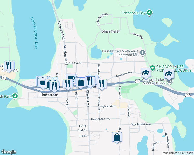 map of restaurants, bars, coffee shops, grocery stores, and more near 30625 Broadway Street North in Lindstrom