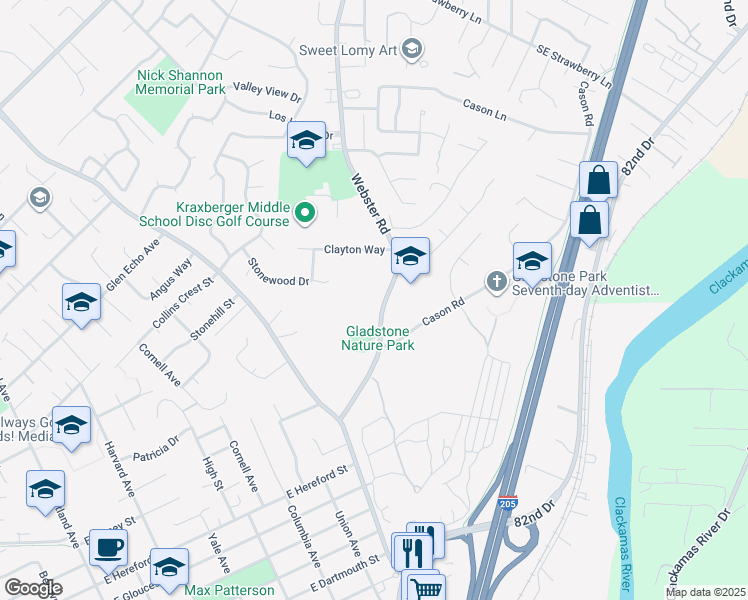 map of restaurants, bars, coffee shops, grocery stores, and more near 18095 Webster Road in Gladstone