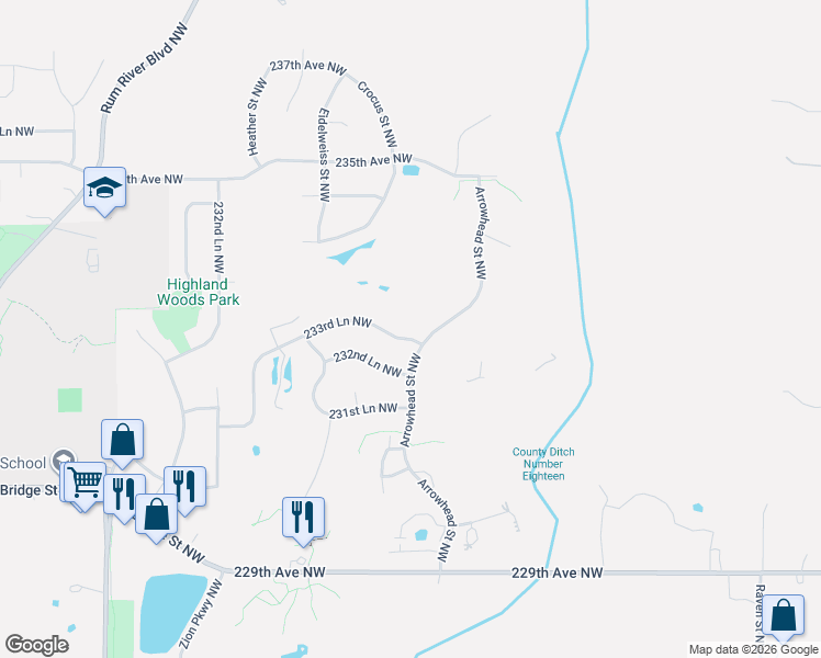 map of restaurants, bars, coffee shops, grocery stores, and more near 2751 233rd Lane Northwest in Saint Francis