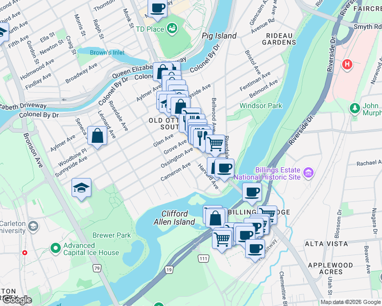 map of restaurants, bars, coffee shops, grocery stores, and more near 8 Ossington Avenue in Ottawa