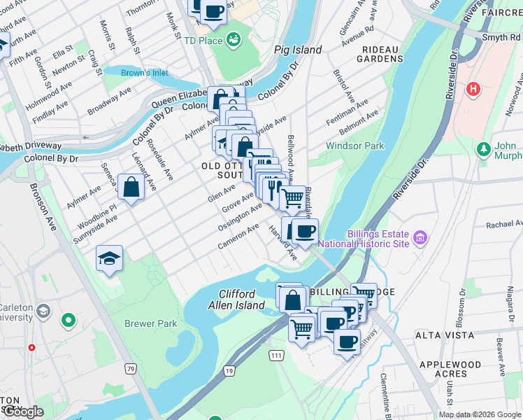 map of restaurants, bars, coffee shops, grocery stores, and more near in Ottawa