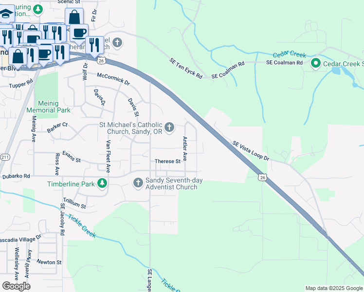 map of restaurants, bars, coffee shops, grocery stores, and more near 18273 Antler Avenue in Sandy