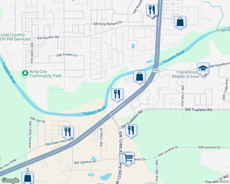map of restaurants, bars, coffee shops, grocery stores, and more near 17865 Southwest Pacific Highway in Tualatin