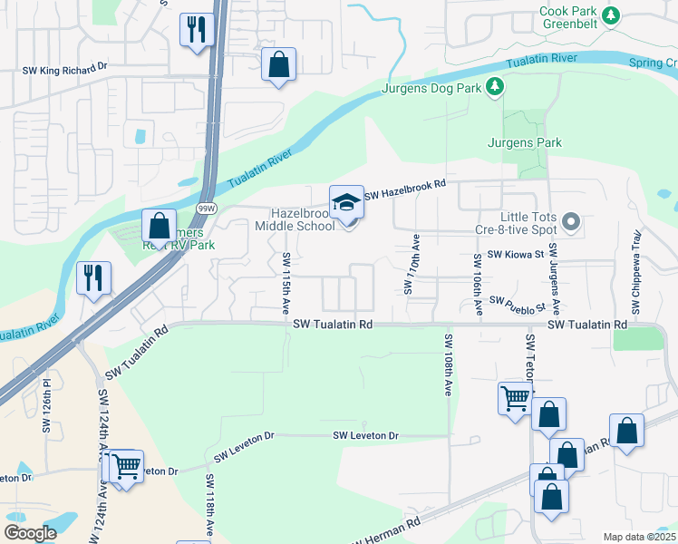 map of restaurants, bars, coffee shops, grocery stores, and more near 11315 Southwest Kalispell Street in Tualatin