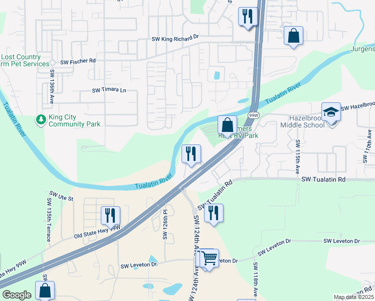 map of restaurants, bars, coffee shops, grocery stores, and more near 17865 Southwest Pacific Highway in Tualatin