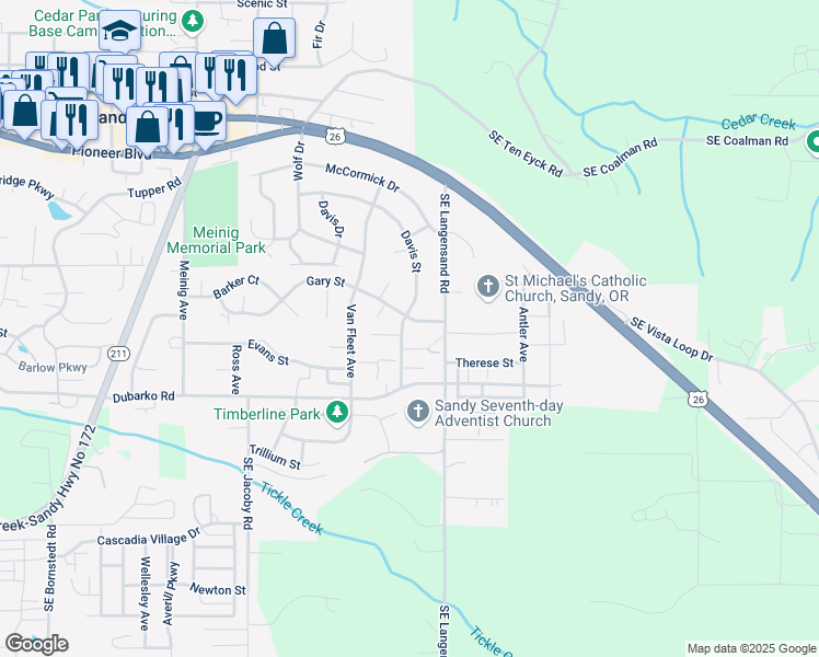 map of restaurants, bars, coffee shops, grocery stores, and more near 18200 Davis Street in Sandy