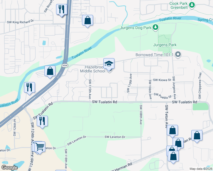 map of restaurants, bars, coffee shops, grocery stores, and more near 11315 Southwest Kalispell Street in Tualatin