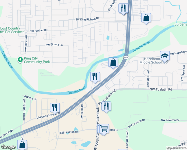 map of restaurants, bars, coffee shops, grocery stores, and more near 17865 Southwest Pacific Highway in Tualatin