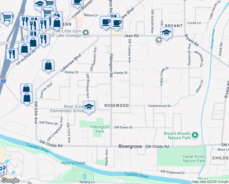 map of restaurants, bars, coffee shops, grocery stores, and more near 18430 Pilkington Road in Lake Oswego
