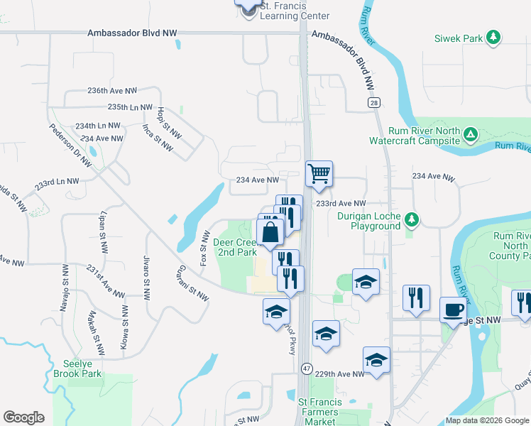 map of restaurants, bars, coffee shops, grocery stores, and more near 4100 232nd Avenue Northwest in Saint Francis