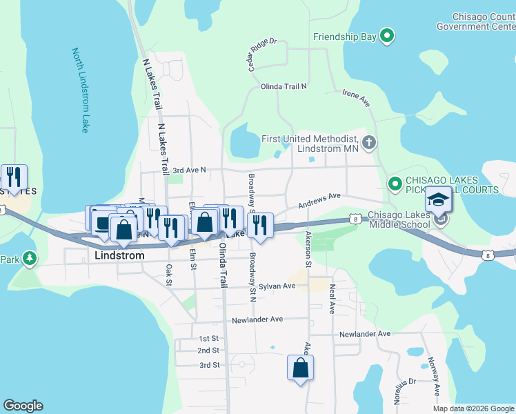 map of restaurants, bars, coffee shops, grocery stores, and more near 30625 Broadway Street North in Lindstrom