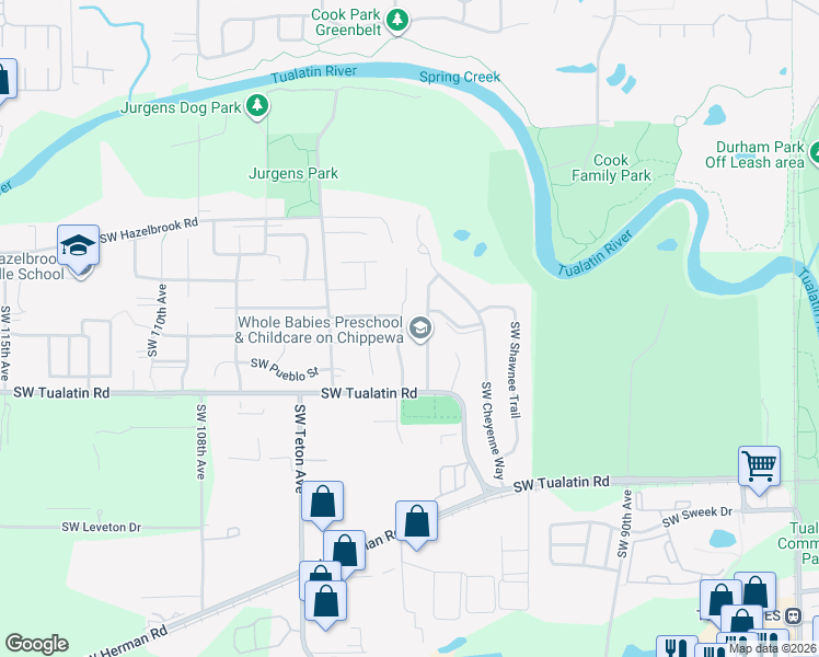 map of restaurants, bars, coffee shops, grocery stores, and more near 17750 Southwest Shasta Trail in Tualatin
