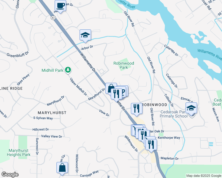 map of restaurants, bars, coffee shops, grocery stores, and more near 18612 Willamette Drive in West Linn