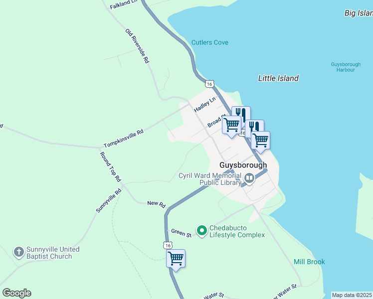 map of restaurants, bars, coffee shops, grocery stores, and more near 107 Prince Street in Guysborough