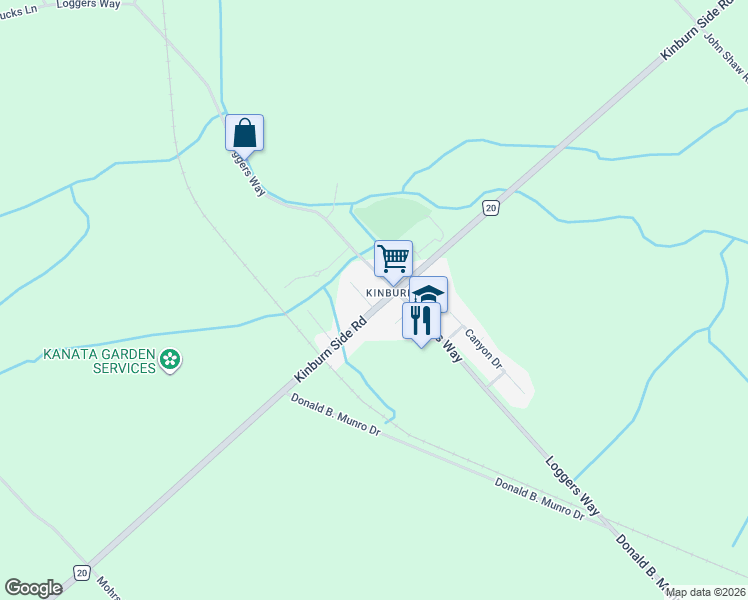 map of restaurants, bars, coffee shops, grocery stores, and more near 3091 Kinburn Side Road in Kinburn