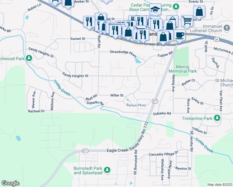 map of restaurants, bars, coffee shops, grocery stores, and more near 38431 Miller Street in Sandy