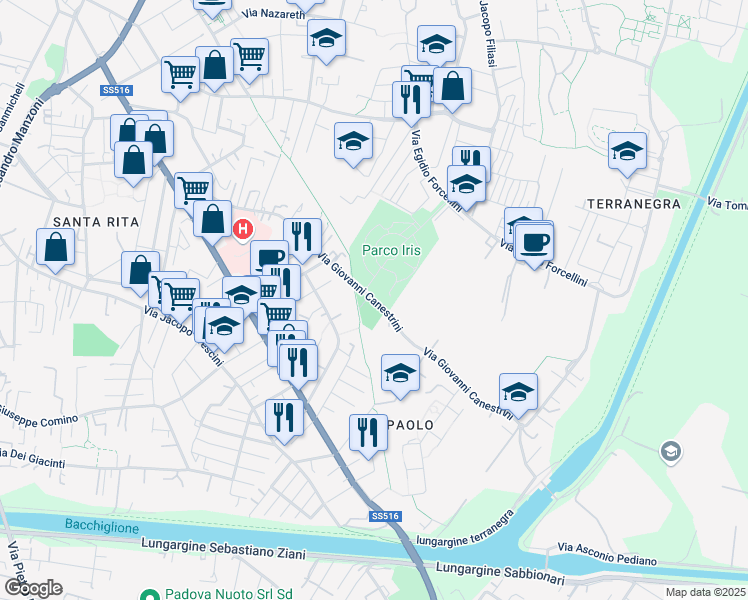 map of restaurants, bars, coffee shops, grocery stores, and more near 113 Via Giovanni Canestrini in Padova