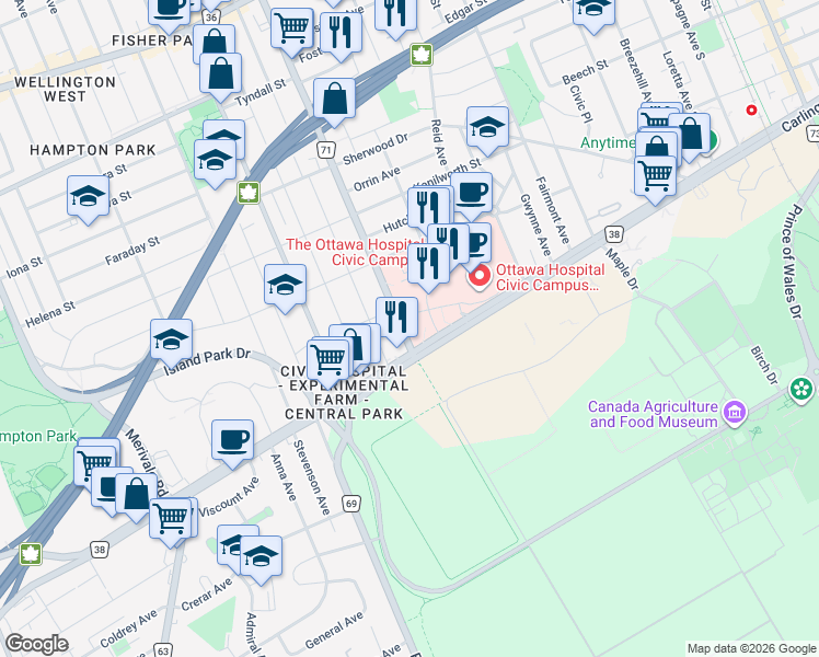 map of restaurants, bars, coffee shops, grocery stores, and more near 751 Parkdale Avenue in Ottawa