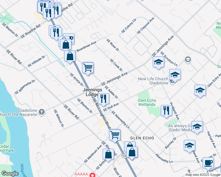map of restaurants, bars, coffee shops, grocery stores, and more near 5214 Southeast Bandon Lane in Milwaukie