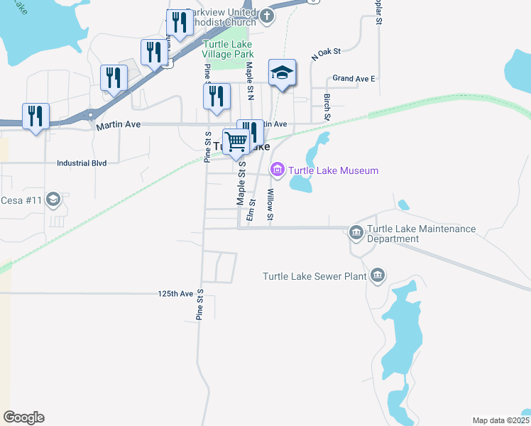 map of restaurants, bars, coffee shops, grocery stores, and more near 237 Willow Street in Turtle Lake