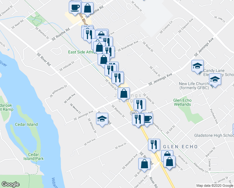 map of restaurants, bars, coffee shops, grocery stores, and more near 18181 Southeast Arista Drive in Milwaukie